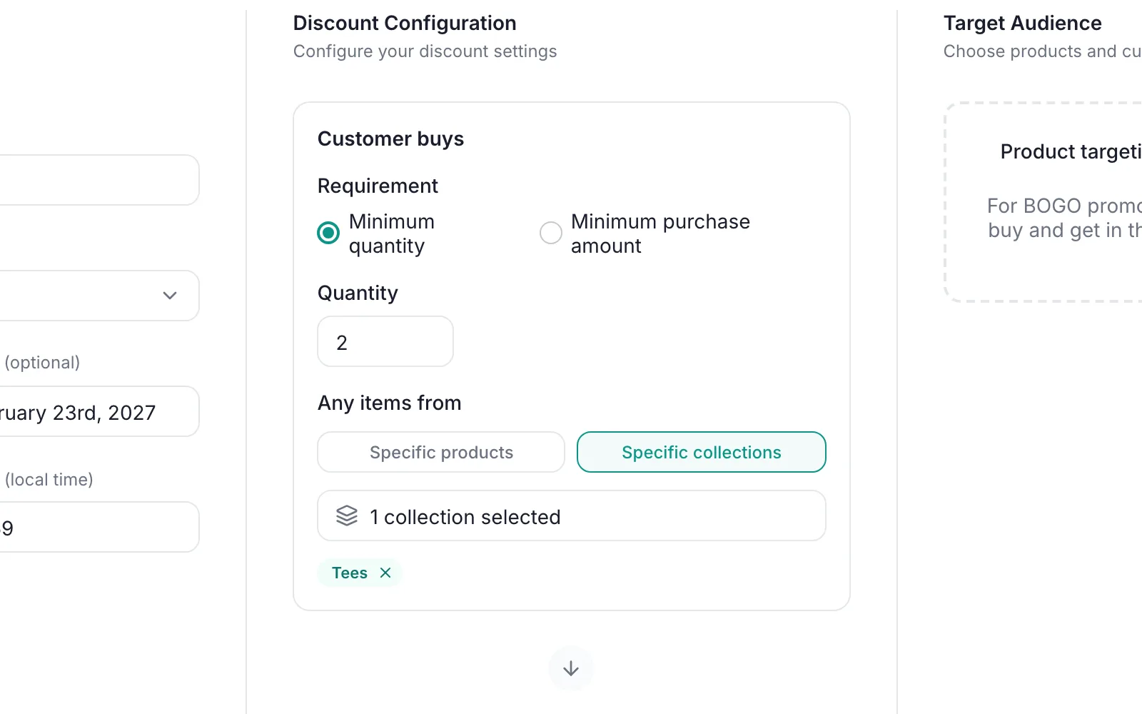 PromoOS Setup step, Customer buys block: Requirement Minimum quantity, Quantity 2, Specific collections, 1 collection selected, Tees chip