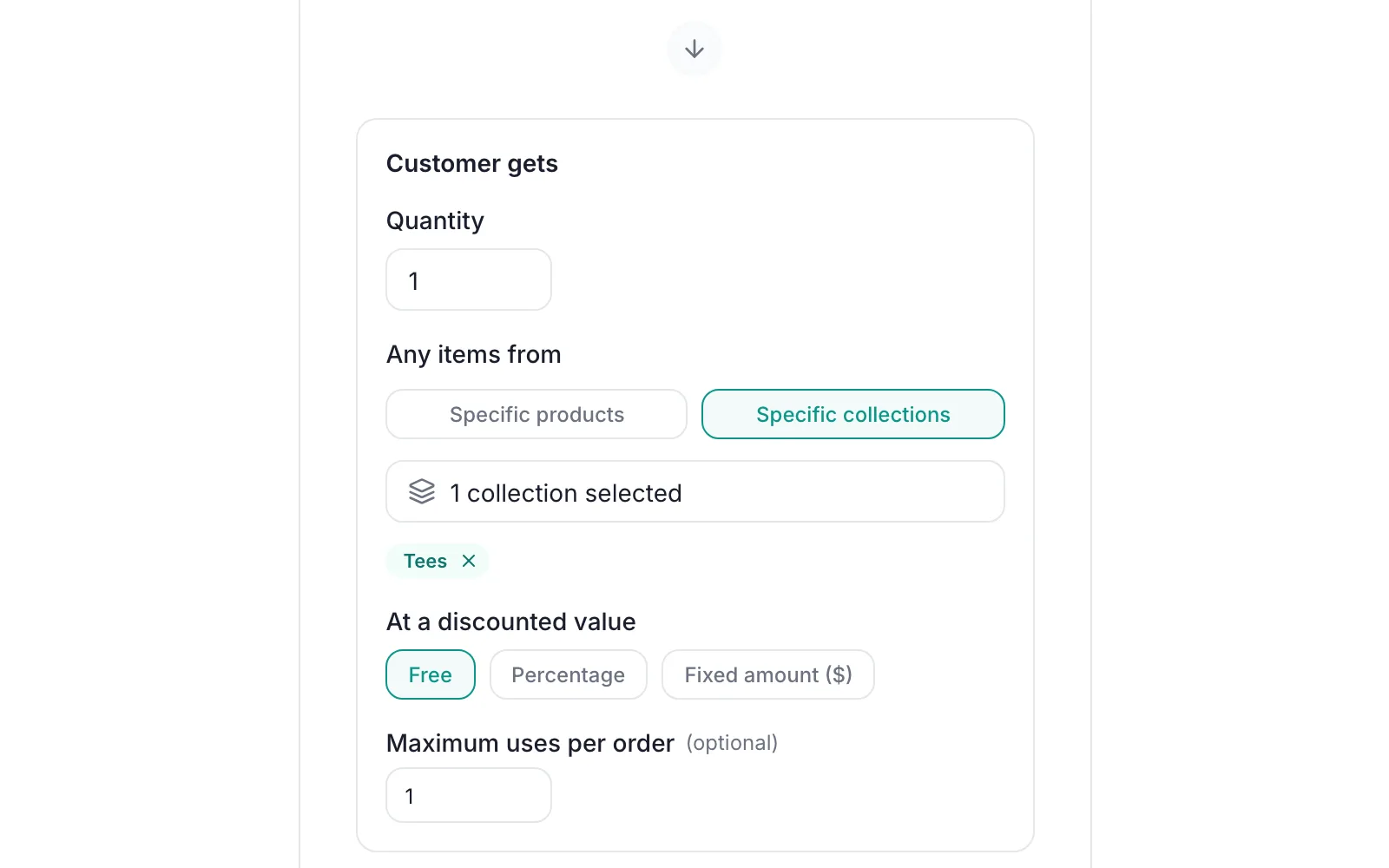 PromoOS Setup step, Customer gets block: Quantity 1, Specific collections with Tees, At a discounted value Free selected, Maximum uses per order 1