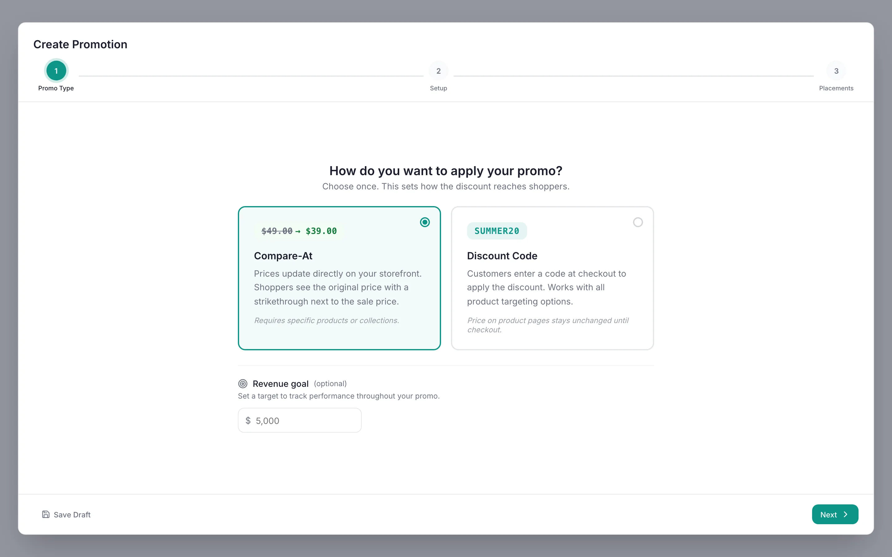 PromoOS Create Promotion dialog, Promo Type step: Compare-At card selected showing $49.00 to $39.00, Discount Code not selected