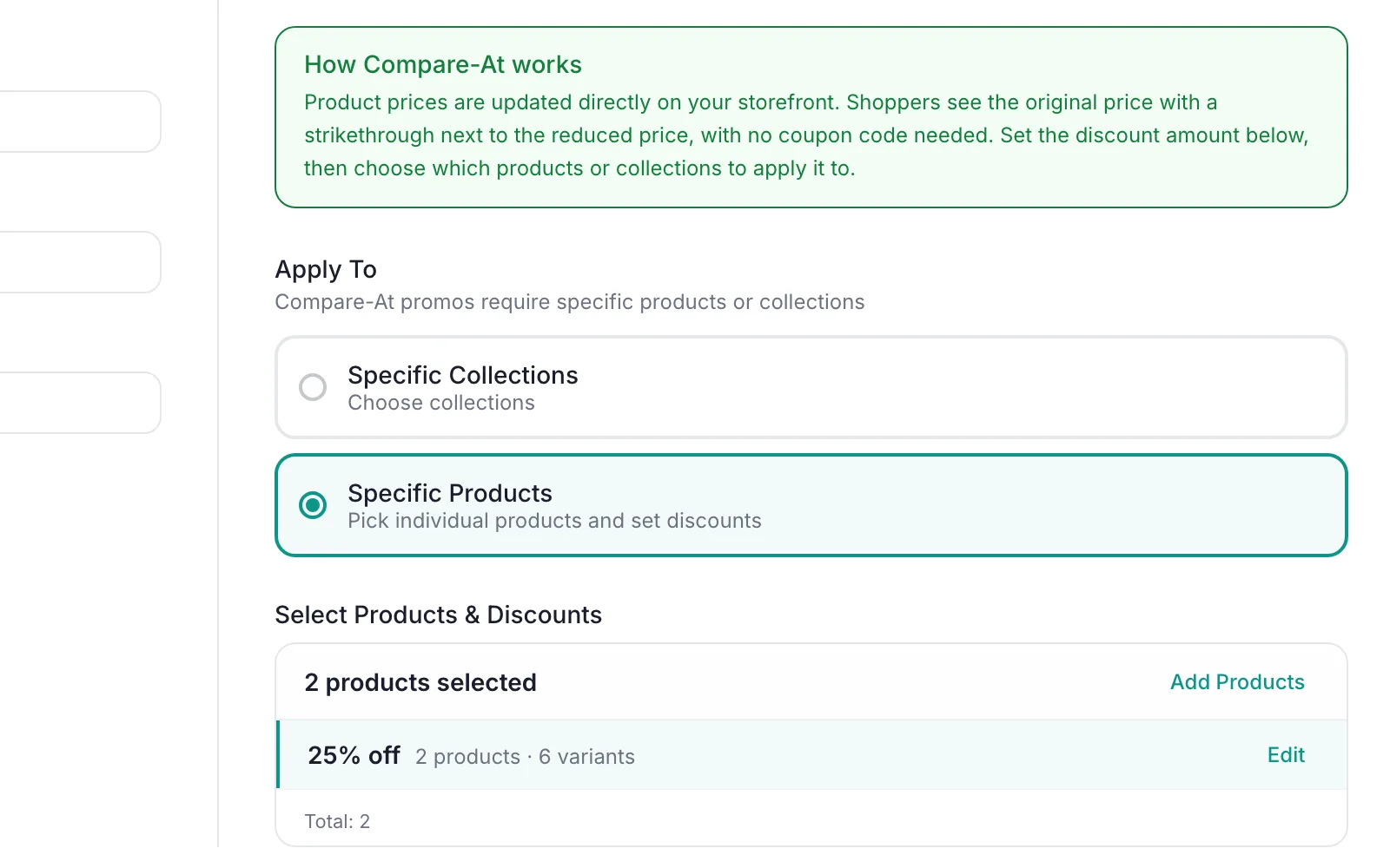 PromoOS Setup step, Compare-At Setup: Apply To Specific Products, Discount Plan card with 2 products selected, 25% off on 2 products and 6 variants, Total 2