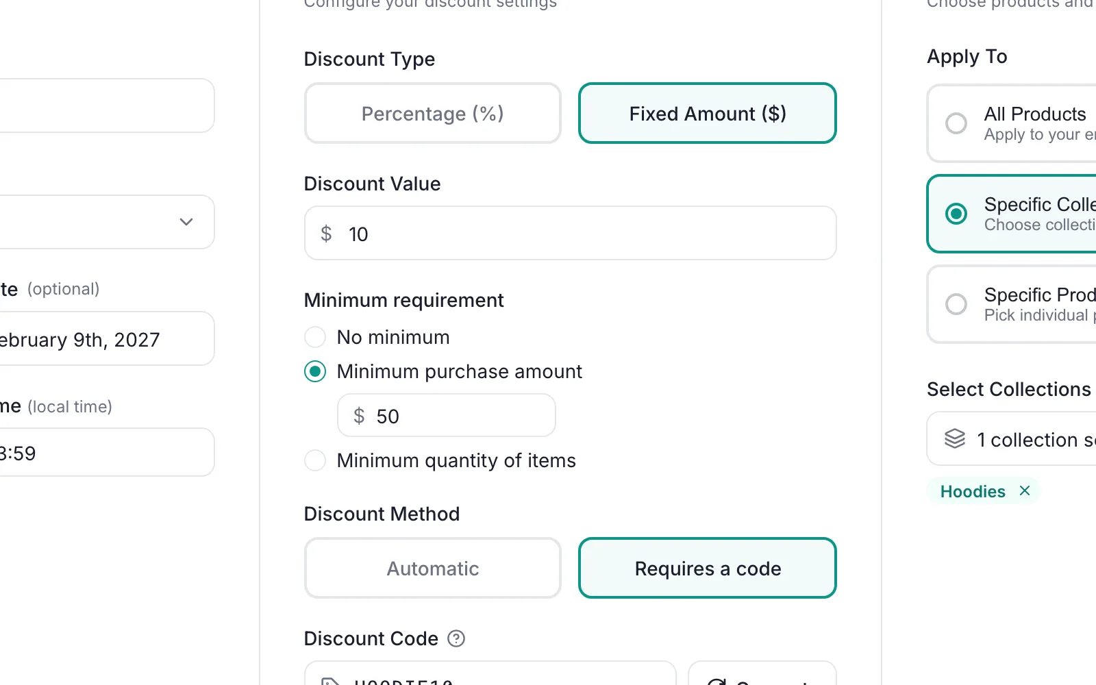 PromoOS Setup step, Discount Configuration column: Discount Type Fixed Amount selected, Discount Value 10, Minimum purchase amount 50, Requires a code, Discount Code HOODIE10