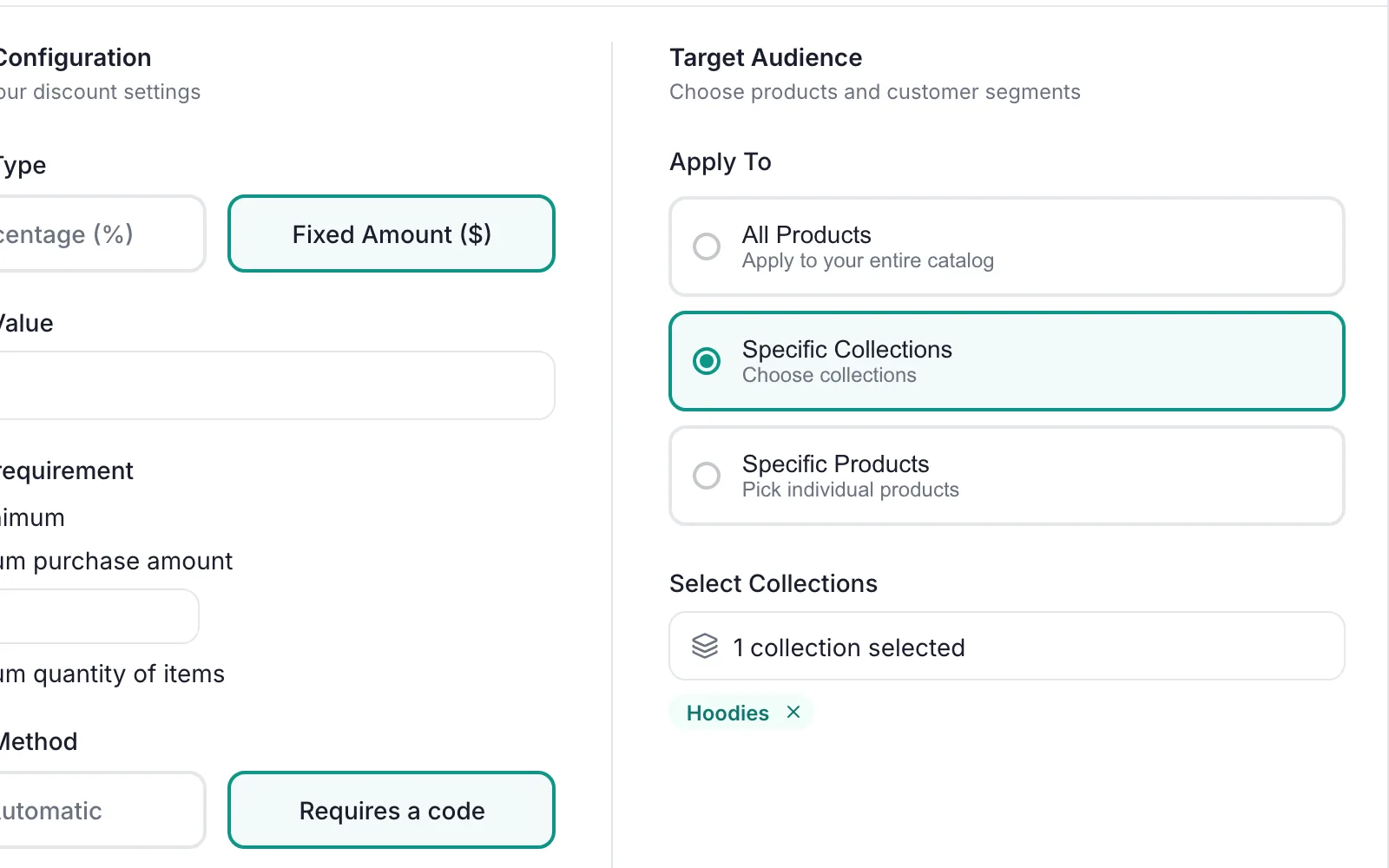 PromoOS Setup step, Target Audience column: Specific Collections selected, 1 collection selected, Hoodies chip