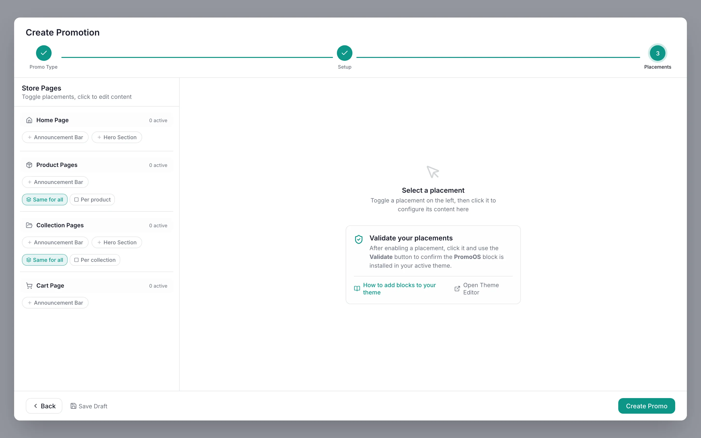 PromoOS Create Promotion dialog, Placements step: no placements toggled on, Select a placement panel, Create Promo button in the footer