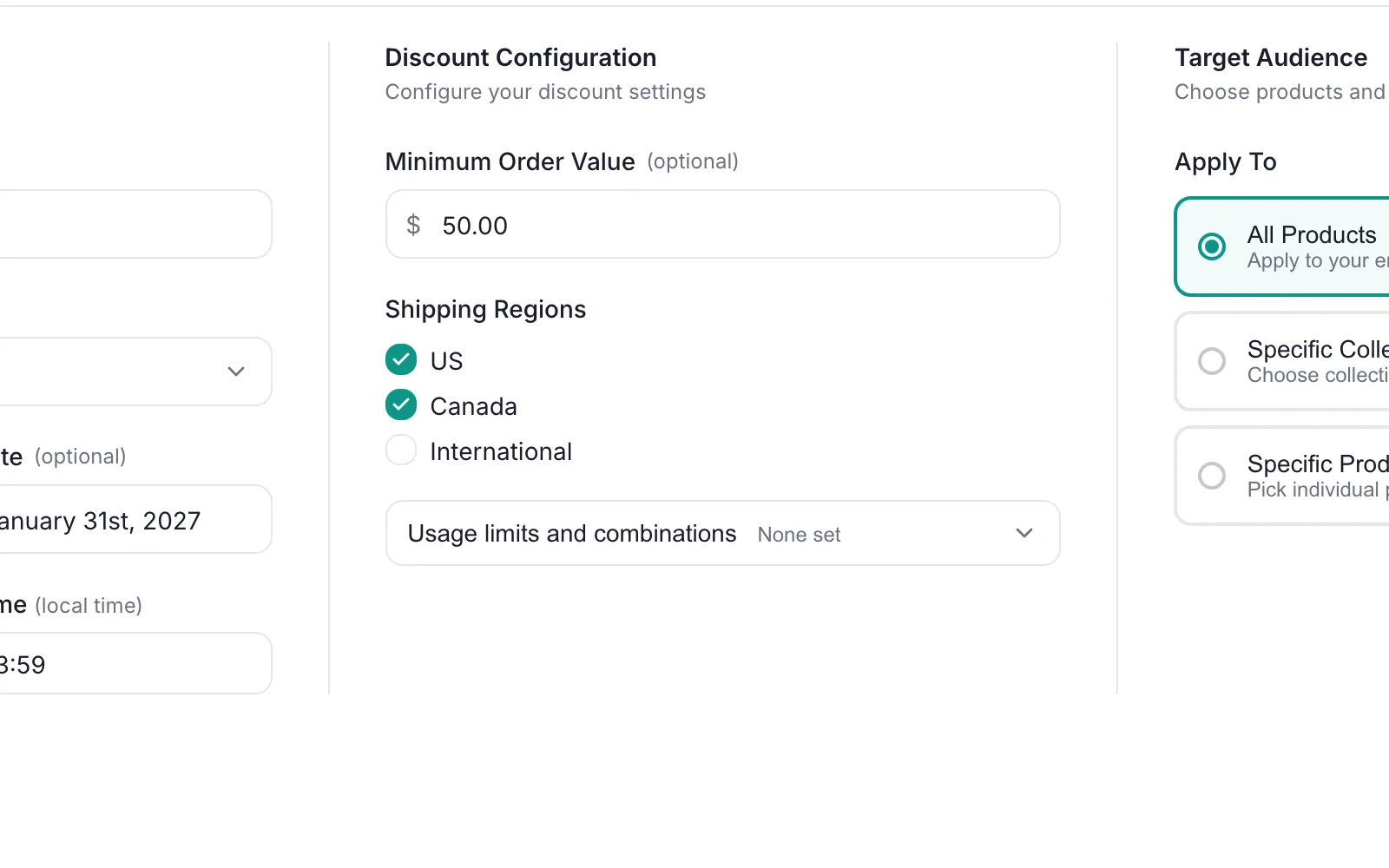 PromoOS Setup step, Discount Configuration column: Minimum Order Value 50.00, Shipping Regions with US and Canada checked and International unchecked