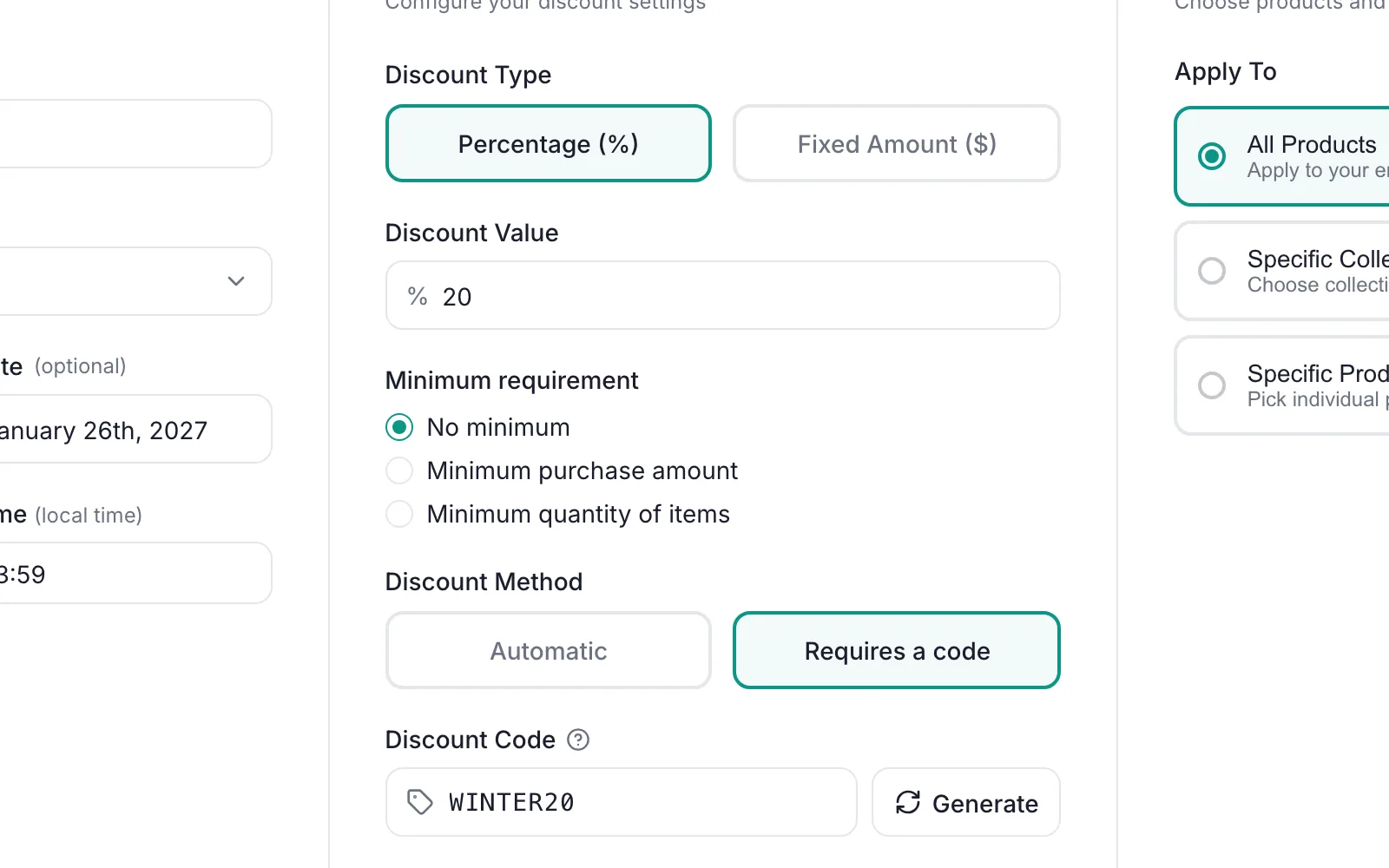 PromoOS Setup step, Discount Configuration column: Discount Type Percentage selected, Discount Value 20, No minimum, Requires a code, Discount Code WINTER20