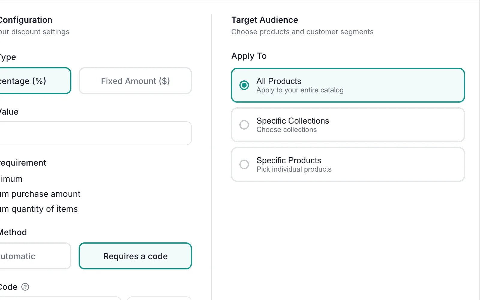 PromoOS Setup step, Target Audience column: Apply To with All Products selected, Specific Collections and Specific Products unselected