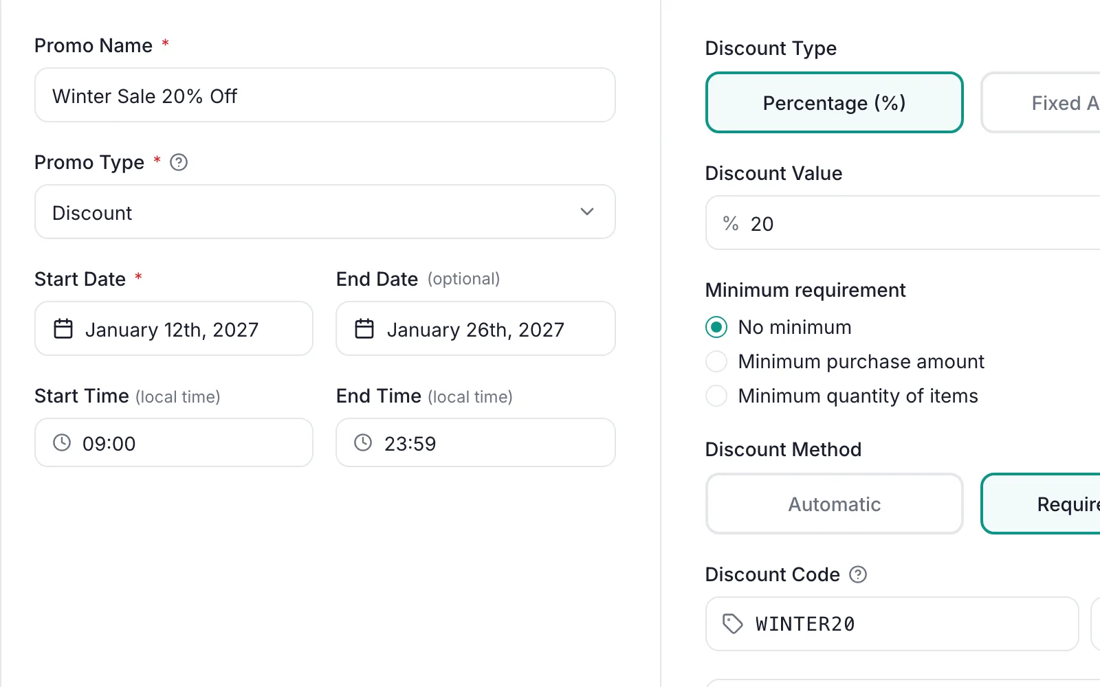 PromoOS Setup step, Basic Information column: Winter Sale 20% Off, Start Date January 12th 2027, End Date January 26th 2027, Start Time 09:00, End Time 23:59