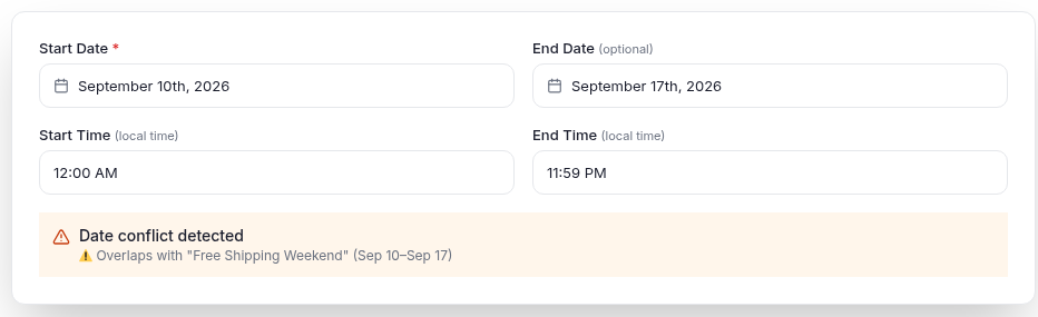 PromoOS conflict detection: a date conflict warning showing the new promo overlaps with an existing "Free Shipping Weekend" campaign