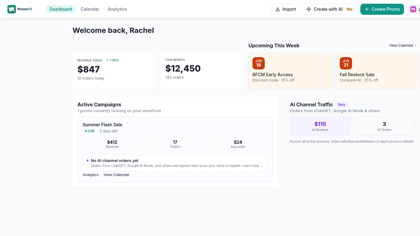 PromoOS dashboard: today's and month-to-date revenue, this week's upcoming launches, and active campaign performance