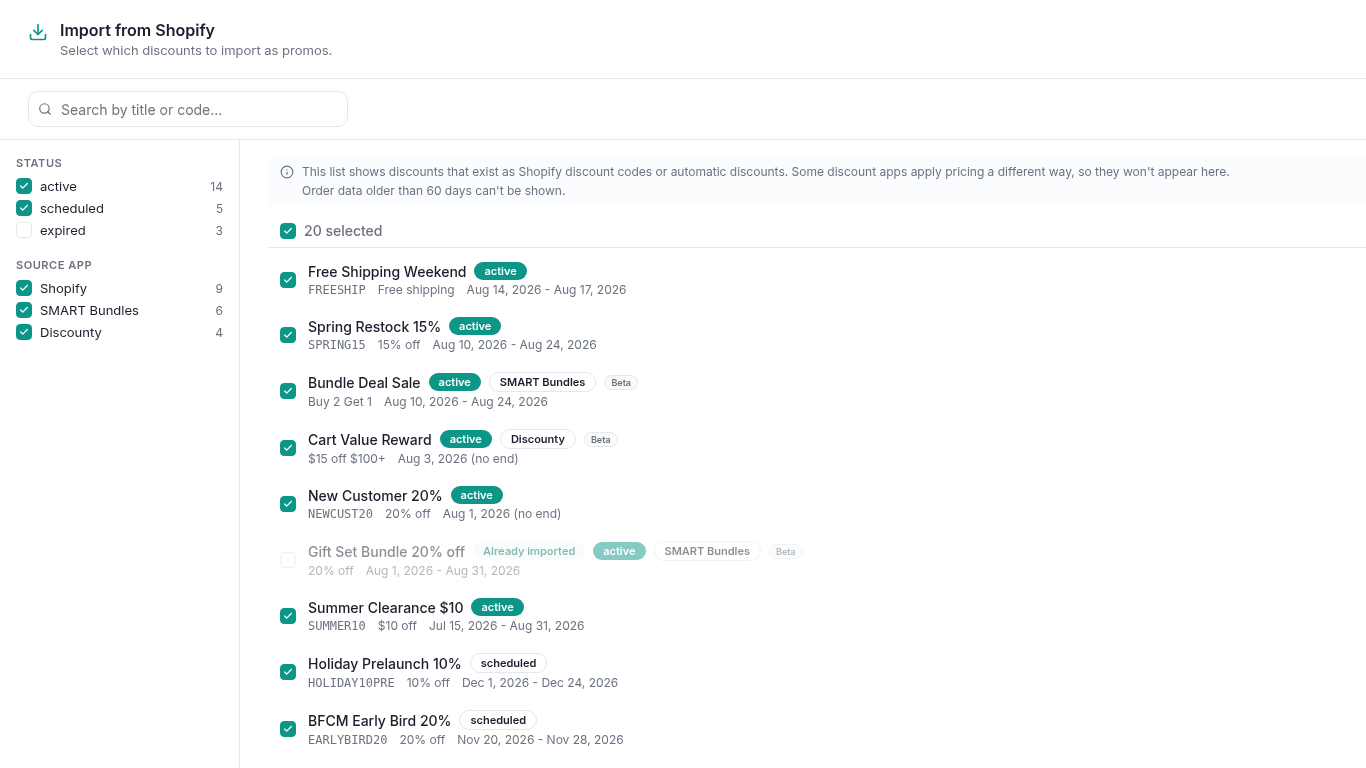 PromoOS import dialog: selecting existing Shopify discount codes and automatic discounts to bring in as promos